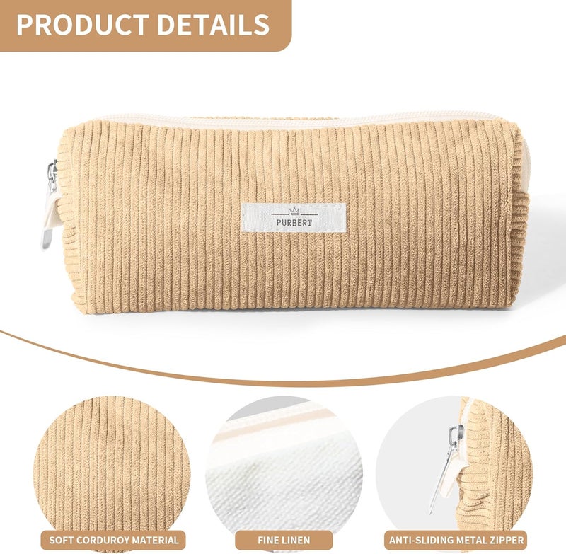 Purbert Pencil Bag Pen Case, Soft Corduroy Small Pencil Pouch Organizer with Zipper, Cute Pencil Case Pouch Stationery for Girls and Boys – Apricot - Image 4
